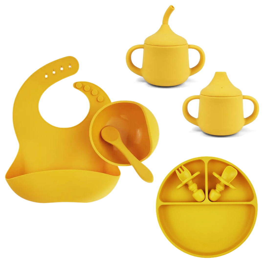 Gjafasett │ diskur, smekkur, stútkanna, skál, skeið og hnífapör│ Mustard