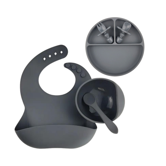 Gjafasett │ diskur, smekkur, skál, skeið og hnífapör│ Dark grey