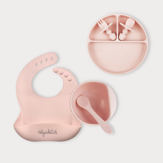 Gjafasett │ diskur, smekkur, skál, skeið og hnífapör│ Blush