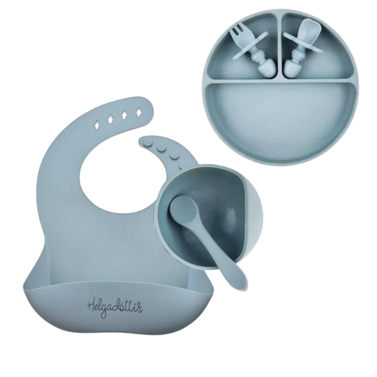 Gjafasett │ diskur, smekkur, skál, skeið og hnífapör│ Ether