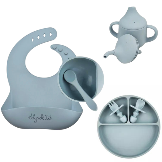 Gjafasett │ diskur, smekkur, stútkanna, skál, skeið og hnífapör│ Ether